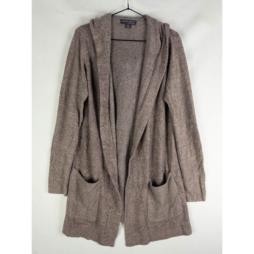 Barefoot Dreams Cozychic Lite Hooded Cardigan Womens M Taupe Open Front Cozy Lou